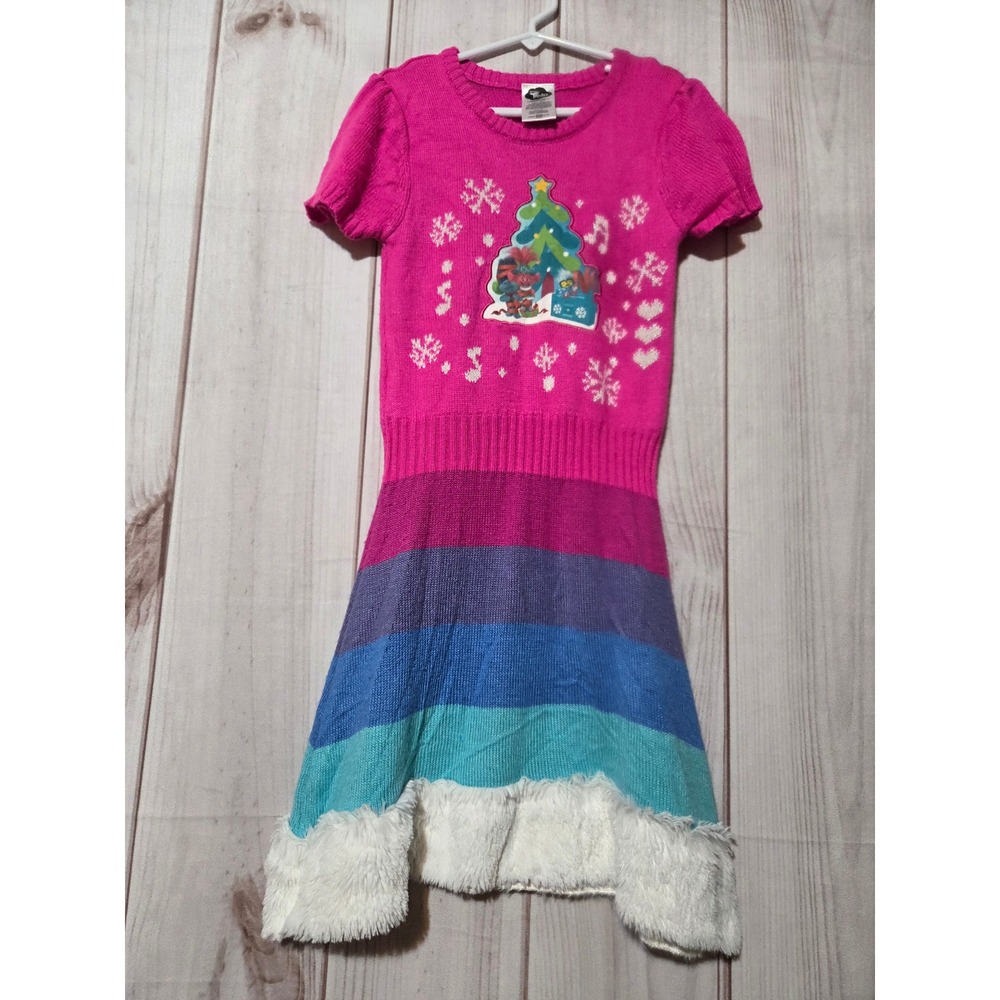 DreamWorks Trolls Girls Fuchsia Pink Christmas Sweater Dress Faux Fur Trim M 7-8
